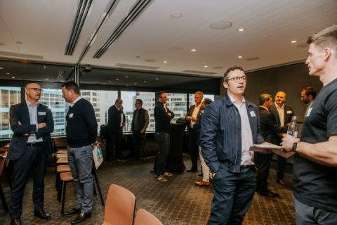 Cuttleflow launch, 10 September 2026, Level 29, 25 Martin Place, Sydney — The room fills, Martin Place behind the glass (photograph 03 of 15)