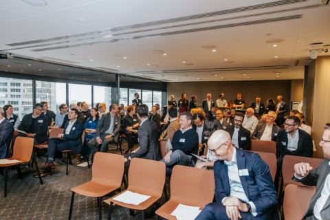 Cuttleflow launch, 10 September 2026, Level 29, 25 Martin Place, Sydney — The room, standing three deep at the back (photograph 08 of 15)